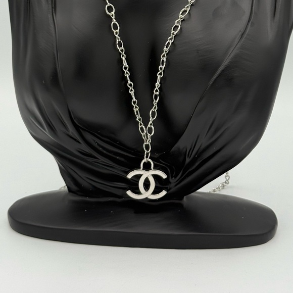 Upcycled Chanel Silver-Tone CC Logo Pendant Necklace 40” - Picture 1 of 7